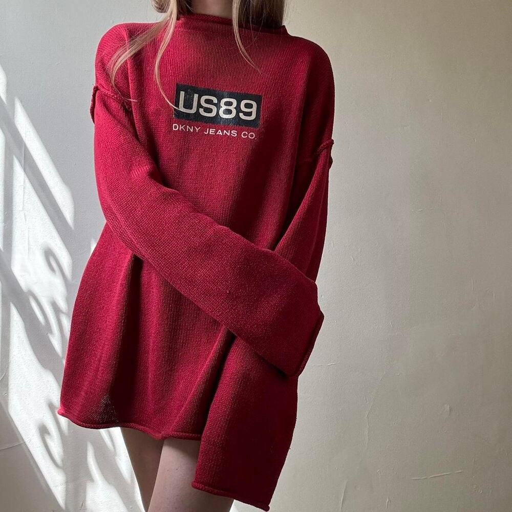 Vintage DKNY Jeans Red Oversized Sweater Small 90s Y2K Slouchy Relaxed Boyfriend